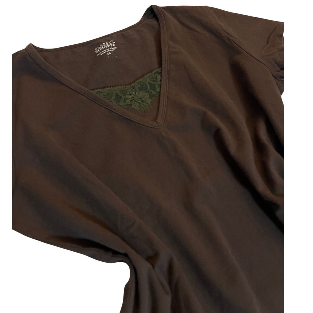 Classic Elements T-Shirt Large Cottagecore Lace Trim V-Neck Brown Short Sleeve - Picture 2 of 5